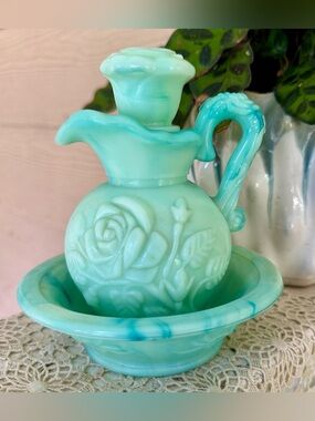 Vintage Avon Jadeite Green Slag Milk Glass 1970s Mini Pitcher Victorian Rose Set